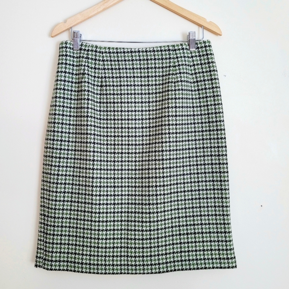 Vintage Wool Houndstooth Plaid Green Black Fitted Skirt - 12